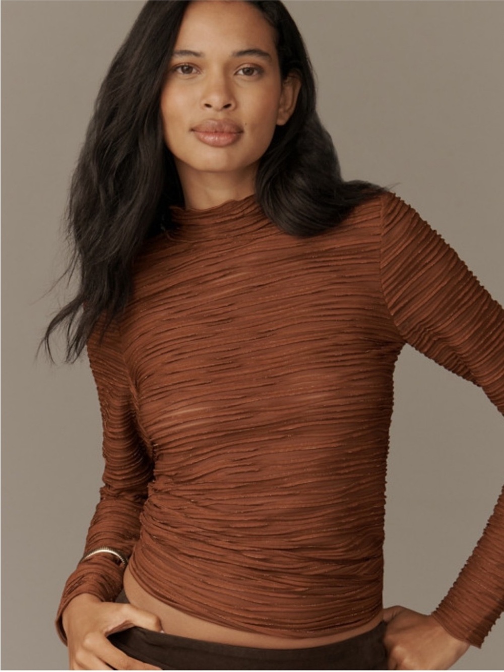 Pilcro for Anthropologie Metallic Brown Ribbed Mock Neck Long Sleeve Top NWT XXS